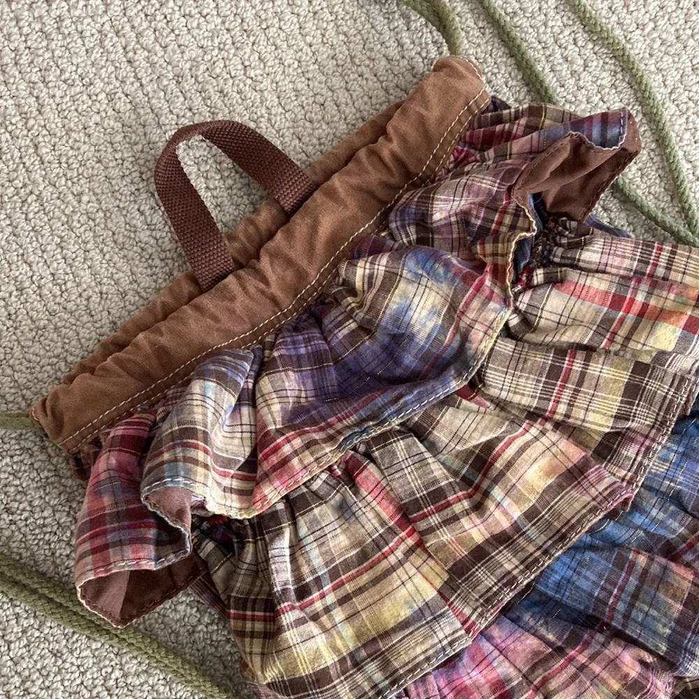 Ruffled Drawstring Bag Backpack Plaid Brown Frills Y2K Casual Lizzie McGuire